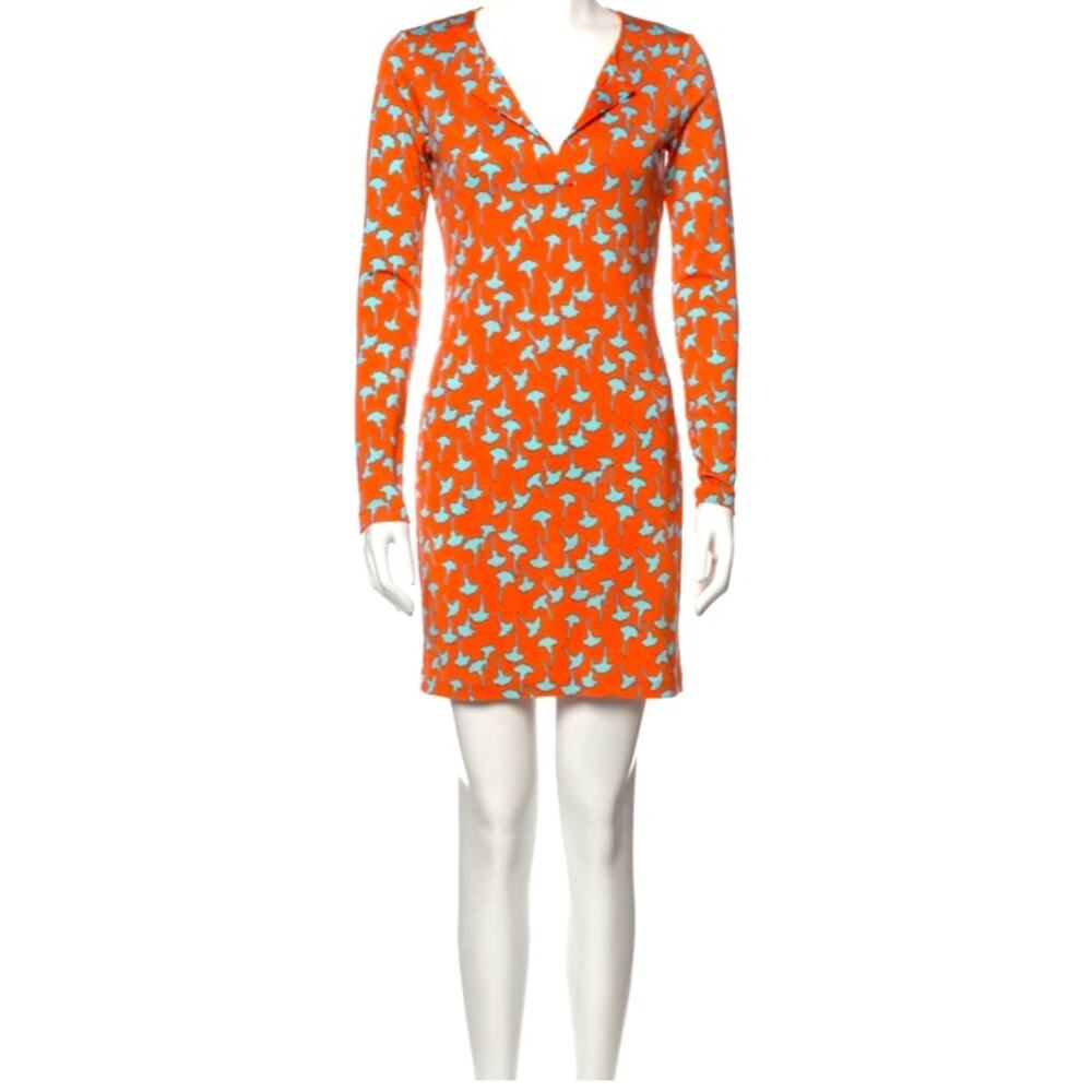 Diane Von Furstenberg Orange Boho Print 100% Silk Sheath Dress size 4